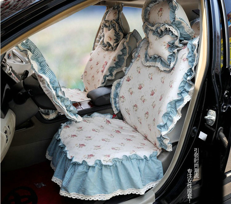Universal Cotton Plaid flower Print lace Auto Car Seat Cover 19pcs Sets - Blue