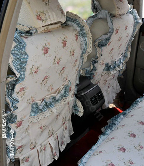 Universal Cotton Plaid flower Print lace Auto Car Seat Cover 19pcs Sets - Blue