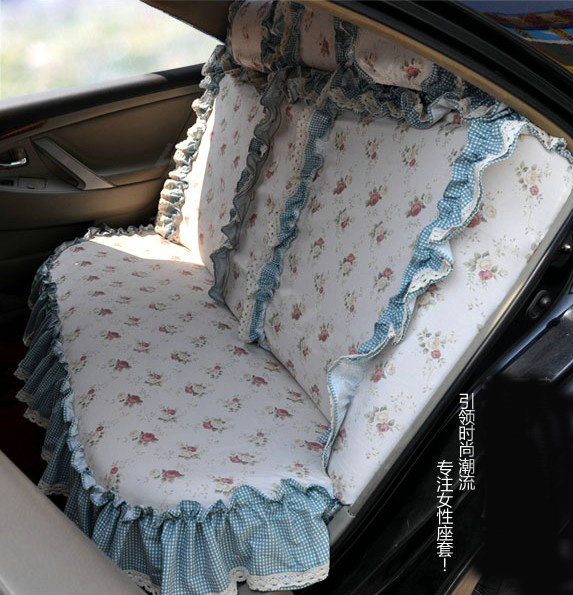 Universal Cotton Plaid flower Print lace Auto Car Seat Cover 19pcs Sets - Blue