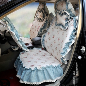 Universal Cotton Plaid flower Print lace Auto Car Seat Cover 19pcs Sets - Blue