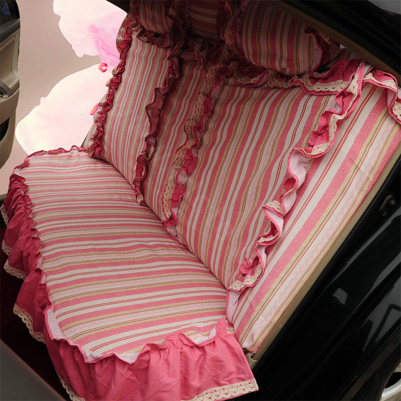 Universal Cotton Vertical flower Print lace Folds Auto Car Seat Cover 19pcs Sets - Pink