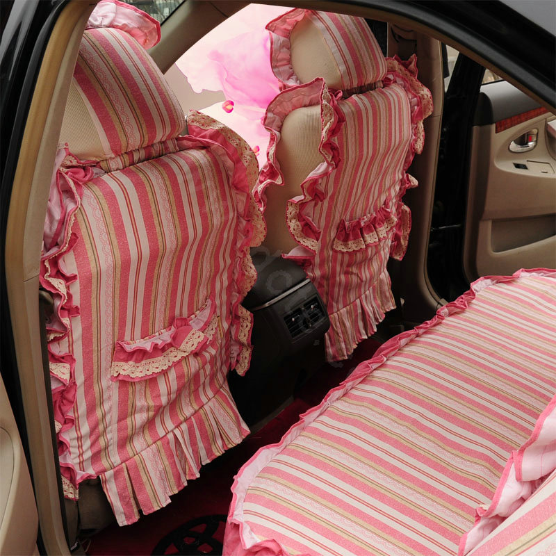 Universal Cotton Vertical flower Print lace Folds Auto Car Seat Cover 19pcs Sets - Pink