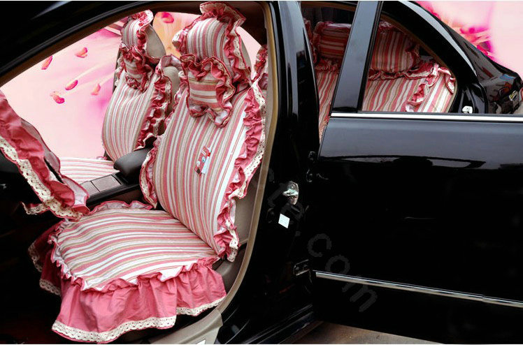 Universal Cotton Vertical flower Print lace Folds Auto Car Seat Cover 19pcs Sets - Pink