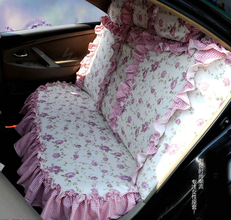 Universal Cotton flower Print Plaid Folds Auto Car Seat Cover 19pcs Sets - Purple