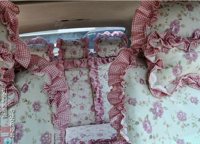 Universal Cotton flower Print Plaid Folds Auto Car Seat Cover 19pcs Sets - Purple