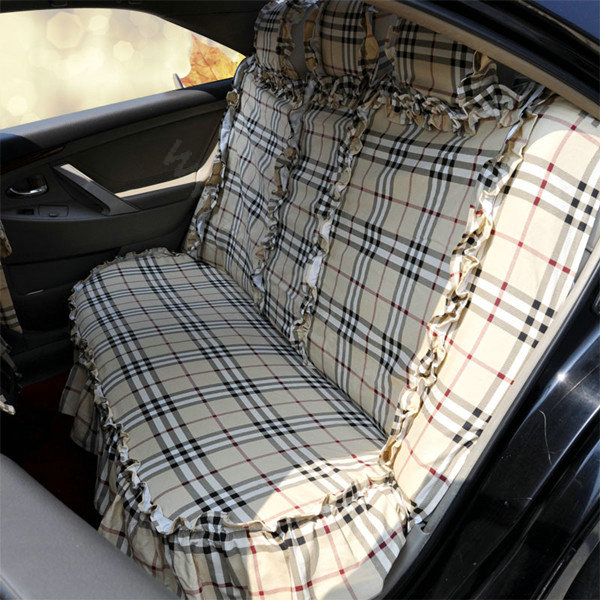 Universal Cotton flowered Print Plaid Folds Auto Car Seat Cover 19pcs Sets - Beige