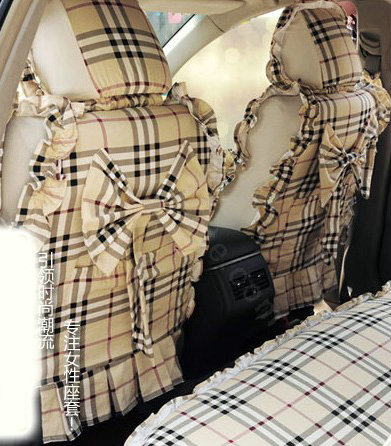 Universal Cotton flowered Print Plaid Folds Auto Car Seat Cover 19pcs Sets - Beige