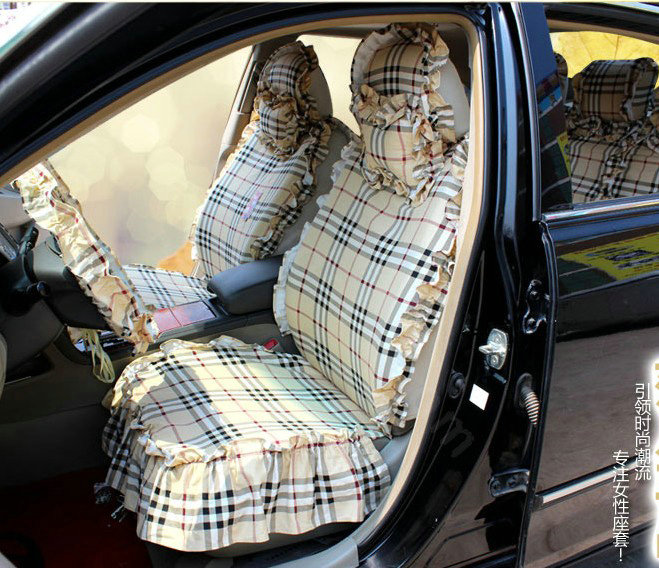 Universal Cotton flowered Print Plaid Folds Auto Car Seat Cover 19pcs Sets - Beige