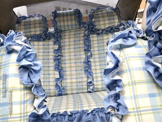 Universal Cotton flowered Print Plaid Folds Auto Car Seat Cover 19pcs Sets - Blue