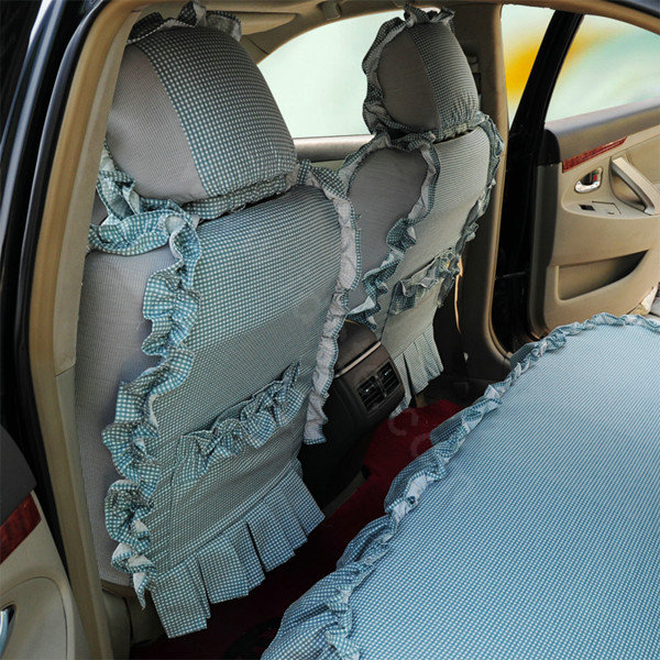 Universal Cotton flowered Print Plaid Folds Auto Car Seat Cover 19pcs Sets - Green