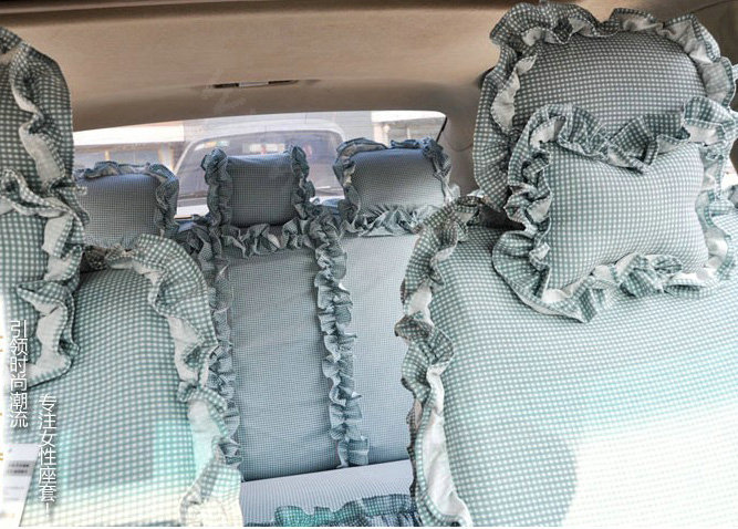 Universal Cotton flowered Print Plaid Folds Auto Car Seat Cover 19pcs Sets - Green