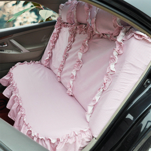 Universal Cotton flowered Print Plaid Folds Auto Car Seat Cover 19pcs Sets - Pink