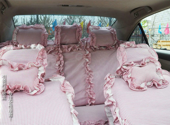 Universal Cotton flowered Print Plaid Folds Auto Car Seat Cover 19pcs Sets - Pink