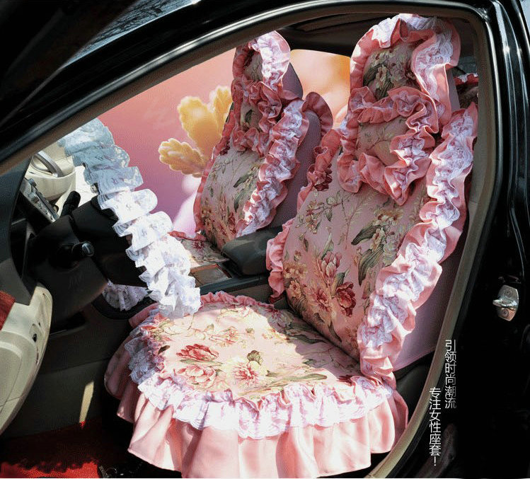 Universal 100% Cotton hawaiian floral Print Lace Auto Car Seat Cover 19pcs Sets - Pink