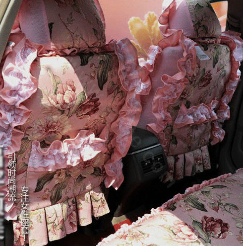 Universal 100% Cotton hawaiian floral Print Lace Auto Car Seat Cover 19pcs Sets - Pink
