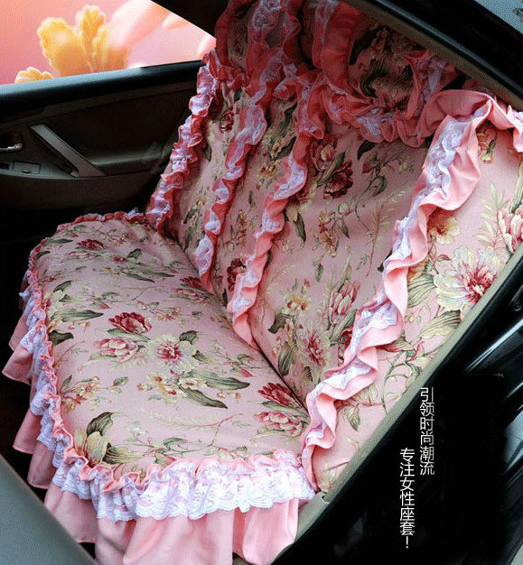 Universal 100% Cotton hawaiian floral Print Lace Auto Car Seat Cover 19pcs Sets - Pink