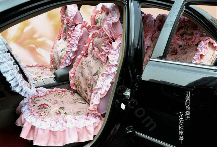 Universal 100% Cotton hawaiian floral Print Lace Auto Car Seat Cover 19pcs Sets - Pink