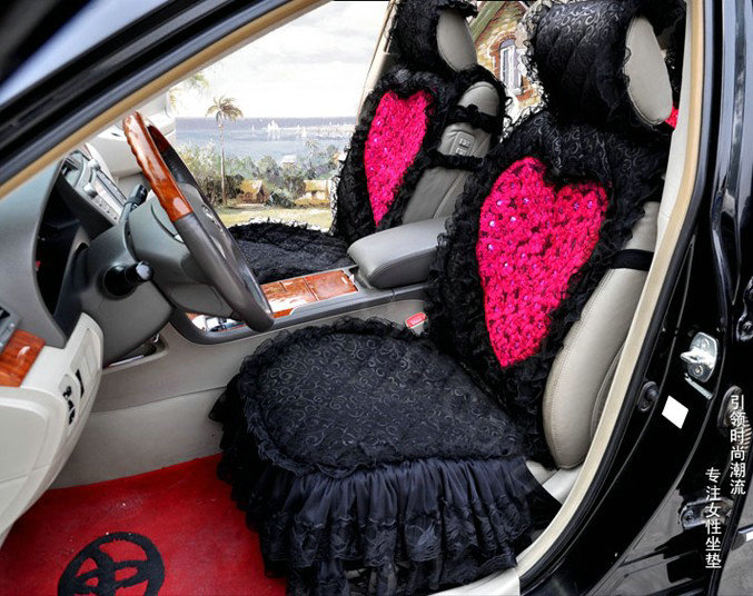 Universal Cotton lace Heart Car Seat Cover Auto Cushion 7pcs Sets - Black