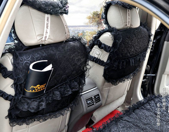 Universal Cotton lace Heart Car Seat Cover Auto Cushion 7pcs Sets - Black