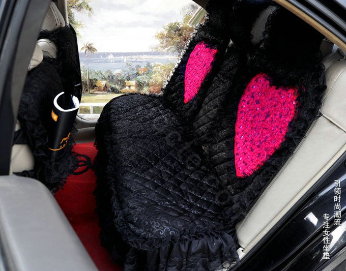 Universal Cotton lace Heart Car Seat Cover Auto Cushion 7pcs Sets - Black