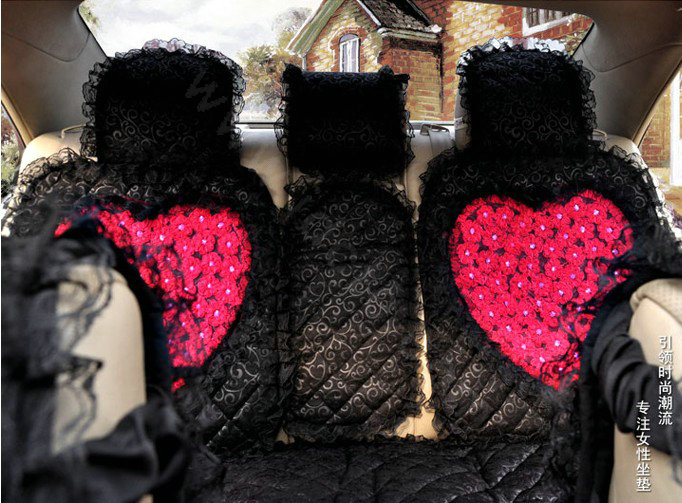 Universal Cotton lace Heart Car Seat Cover Auto Cushion 7pcs Sets - Black
