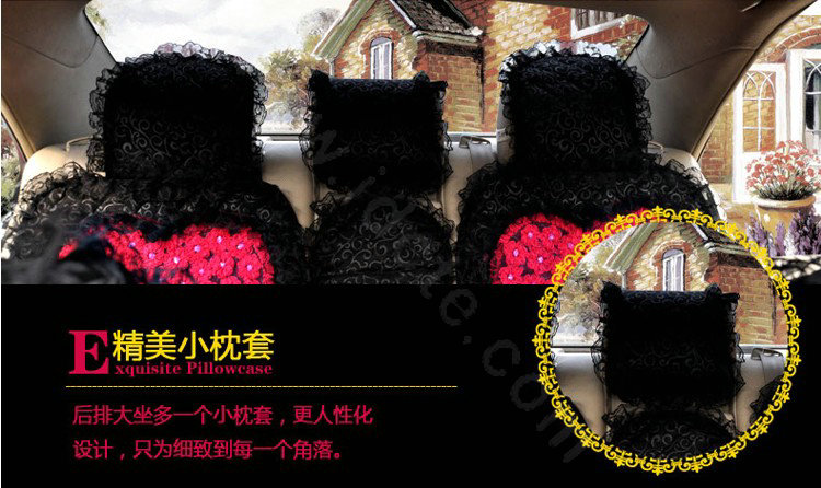 Universal Cotton lace Heart Car Seat Cover Auto Cushion 7pcs Sets - Black