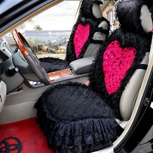 Universal Cotton lace Heart Car Seat Cover Auto Cushion 7pcs Sets - Black