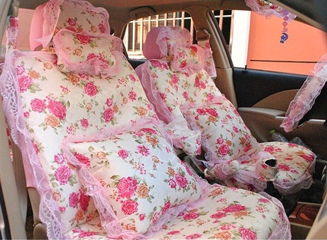 Universal Cute Jacquard flower Print lace Auto Car Seat Cover 15pcs Sets - Pink