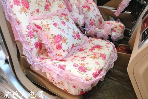 Universal Cute Jacquard flower Print lace Auto Car Seat Cover 15pcs Sets - Pink