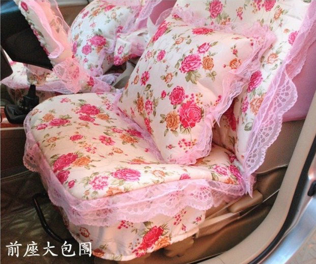 Universal Cute Jacquard flower Print lace Auto Car Seat Cover 15pcs Sets - Pink