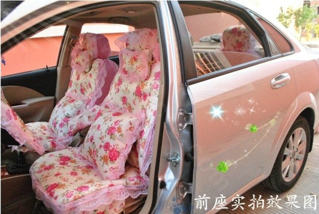 Universal Cute Jacquard flower Print lace Auto Car Seat Cover 15pcs Sets - Pink