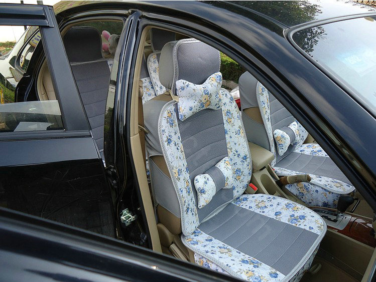 Universal Flax Cotton Hawaiian floral Print Car Seat Cover Auto Cushion 10pcs Sets - Blue