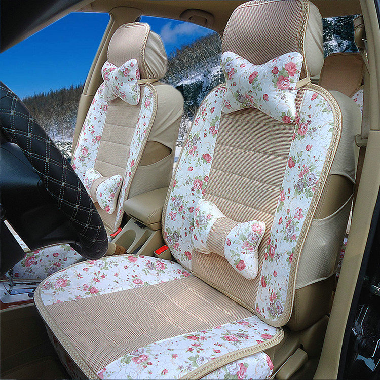 Universal Flax Cotton Hawaiian floral Print Car Seat Cover Auto Cushion 10pcs Sets - Pink