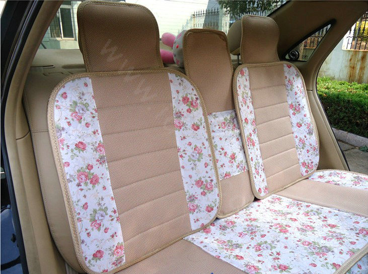 Universal Flax Cotton Hawaiian floral Print Car Seat Cover Auto Cushion 10pcs Sets - Pink