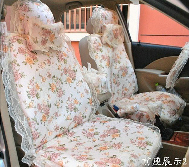 Universal Romantic Jacquard floral Print lace Auto Car Seat Cover 15pcs Sets - Beige