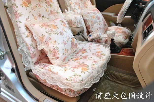 Universal Romantic Jacquard floral Print lace Auto Car Seat Cover 15pcs Sets - Beige