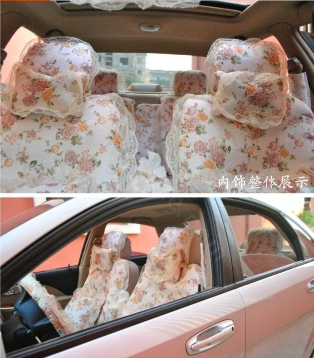 Universal Romantic Jacquard floral Print lace Auto Car Seat Cover 15pcs Sets - Beige