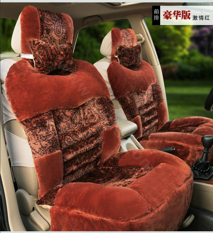 Universal Winter Plush Flower Print Car Seat Cover Auto Cushion 8pcs Sets - Red