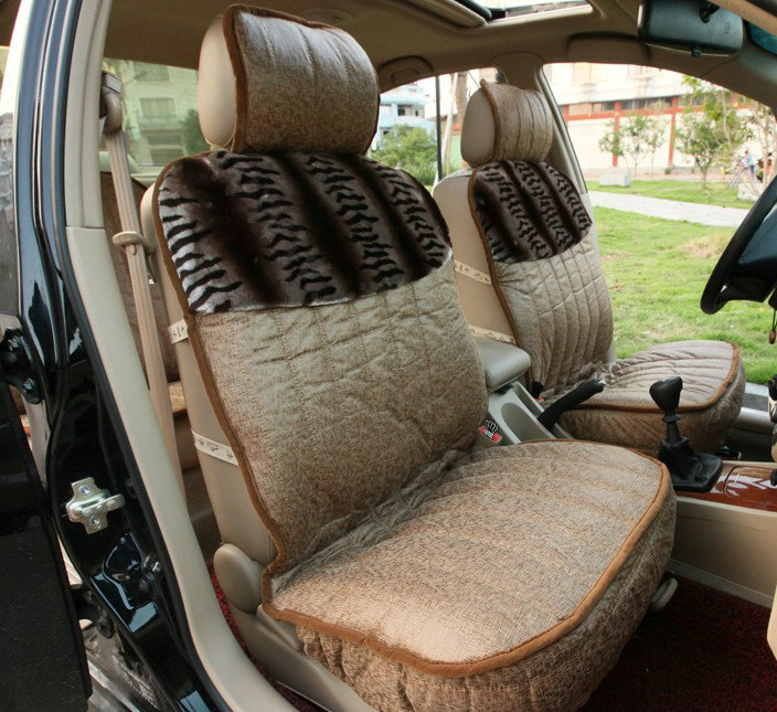 Universal Winter Suede nap floral Print Car Seat Cover Auto Cushion 6pcs Sets - Beige