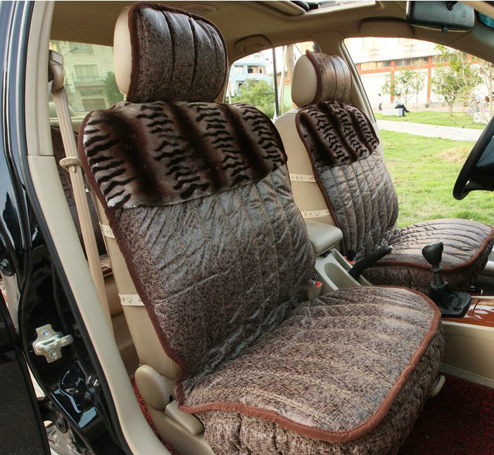 Universal Winter Suede nap floral Print Car Seat Cover Auto Cushion 6pcs Sets - Coffee