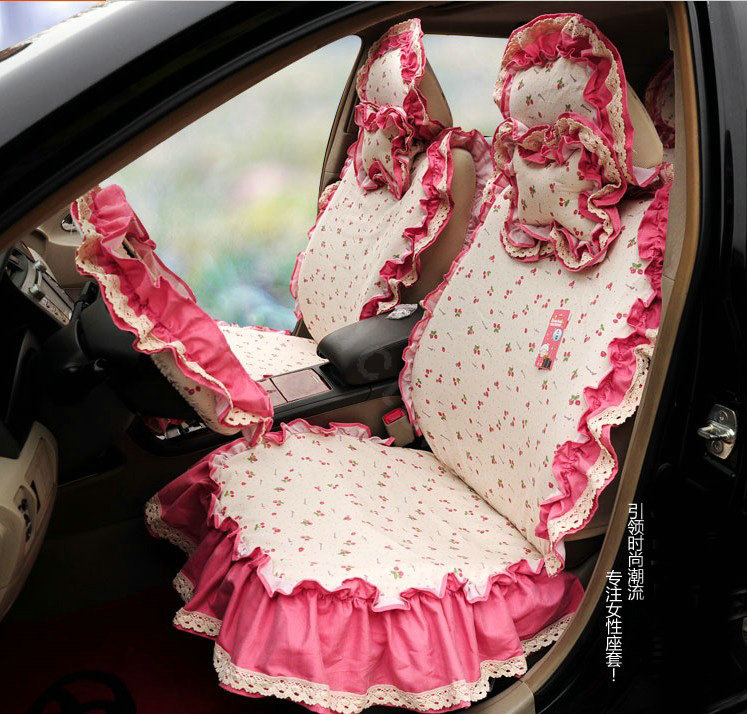 Universal Woman Cotton Strawberries floral Print Lace Auto Car Seat Cover 19pcs Sets - Rose