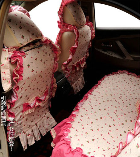 Universal Woman Cotton Strawberries floral Print Lace Auto Car Seat Cover 19pcs Sets - Rose