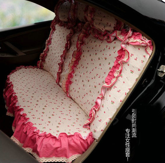 Universal Woman Cotton Strawberries floral Print Lace Auto Car Seat Cover 19pcs Sets - Rose