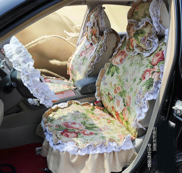 Universal Woman 100% Cotton flower Print Lace Auto Car Seat Cover 19pcs Sets - Beige