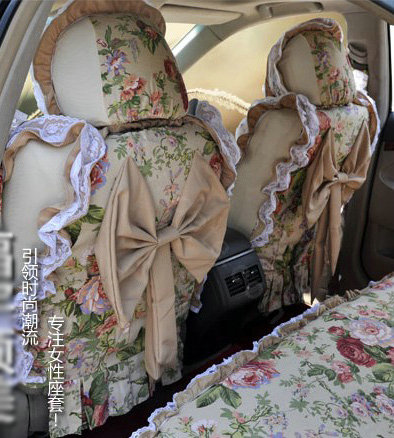 Universal Woman 100% Cotton flower Print Lace Auto Car Seat Cover 19pcs Sets - Beige