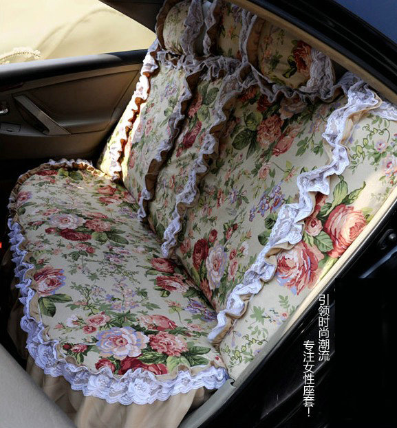 Universal Woman 100% Cotton flower Print Lace Auto Car Seat Cover 19pcs Sets - Beige