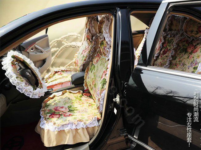 Universal Woman 100% Cotton flower Print Lace Auto Car Seat Cover 19pcs Sets - Beige