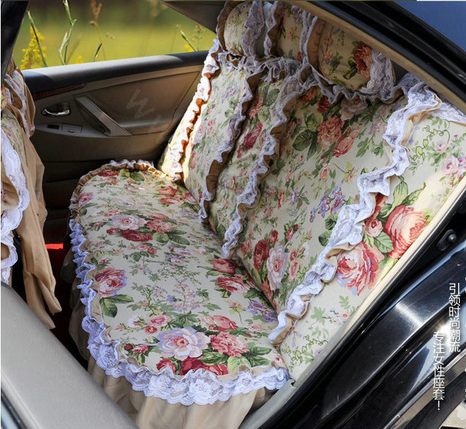 Universal Woman 100% Cotton flower Print Lace Auto Car Seat Cover 19pcs Sets - Beige