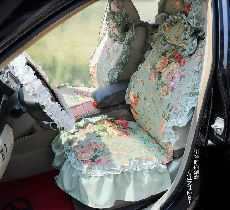 Universal Woman Pure Cotton flower Print Lace Auto Car Seat Cover 19pcs Sets - Blue