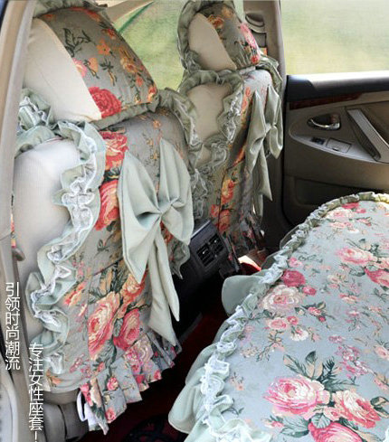 Universal Woman Pure Cotton flower Print Lace Auto Car Seat Cover 19pcs Sets - Blue